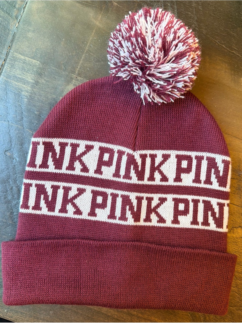 PINK Victoria's Secret Knit Pom Beanie - Burgundy/White